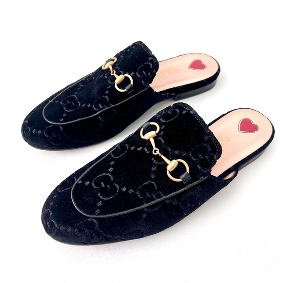 GUCCI | Princetown Black Velvet Monogram GG Logo Horsebit Loafer Slide US 7 - Picture 1 of 11